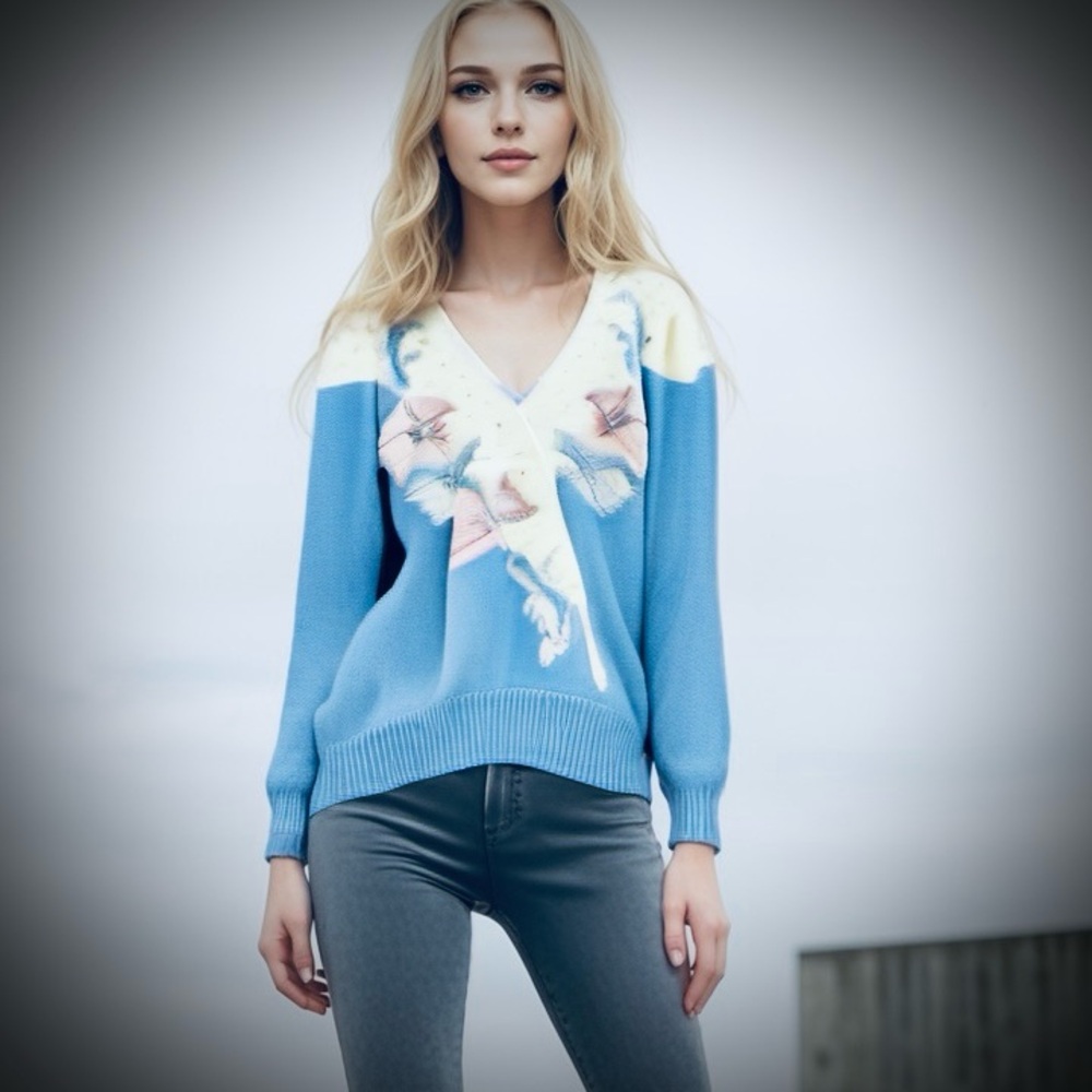 Vintage Blue V-neck Cross Front Sweater